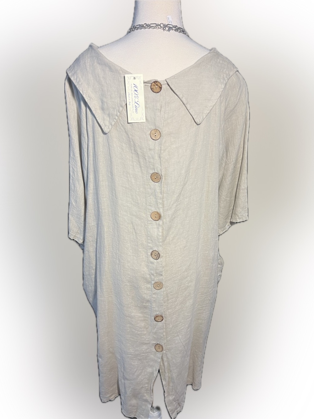 Zen Italian beige linen button up/back, regal collar/cowl dress w/pockets-NWT - Picture 4 of 16